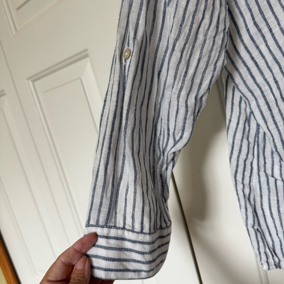 Tahari 100% Linen Striped V Neck Button-Up Tunic Top - Picture 2 of 7